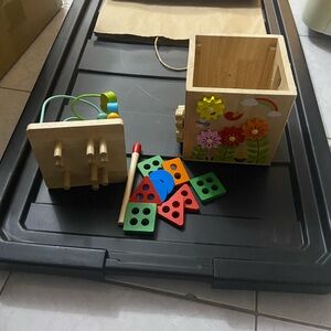 Wooden Activity Cube and interactive crock pot toy